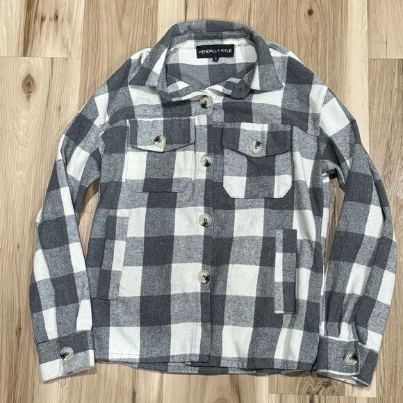 Kendall and Kylie White Grey Plaid Shacket Jacket Women’s Small - Picture 1 of 3